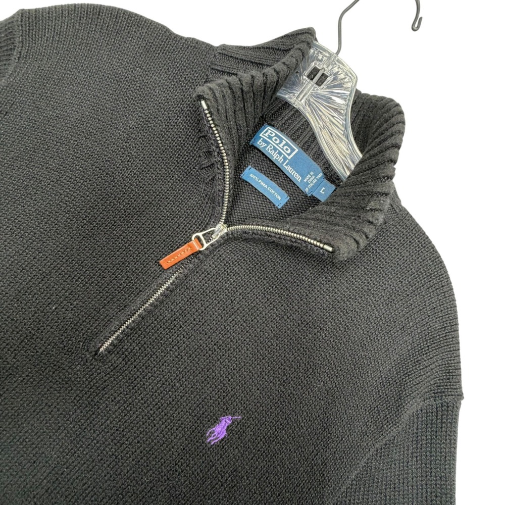 Polo Ralph Lauren Quarter Zip Sweater Mens L Black Pima Cotton Purple Pony